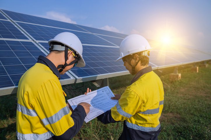Engineering is checking the accuracy of the solar panel system installation, alternative electricity source, concept of sustainable resources